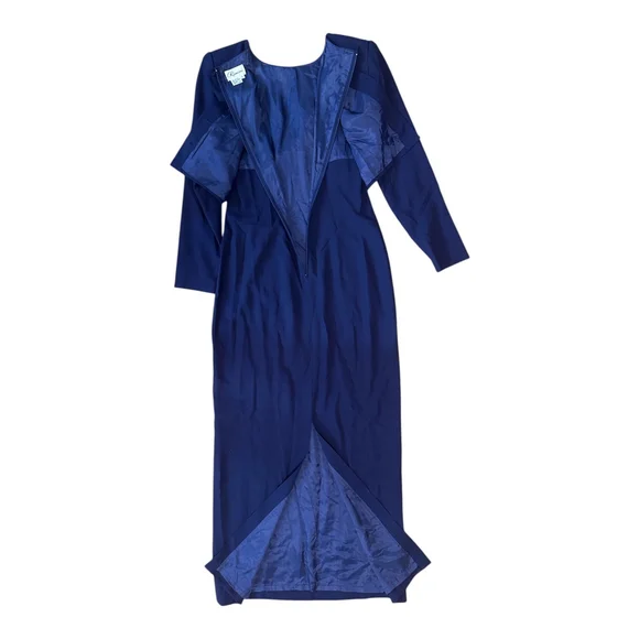 Women's Long Sleeve Navy Blue Evening Gown, Elegant Formal Dress with Beaded Bod - Picture 6 of 6